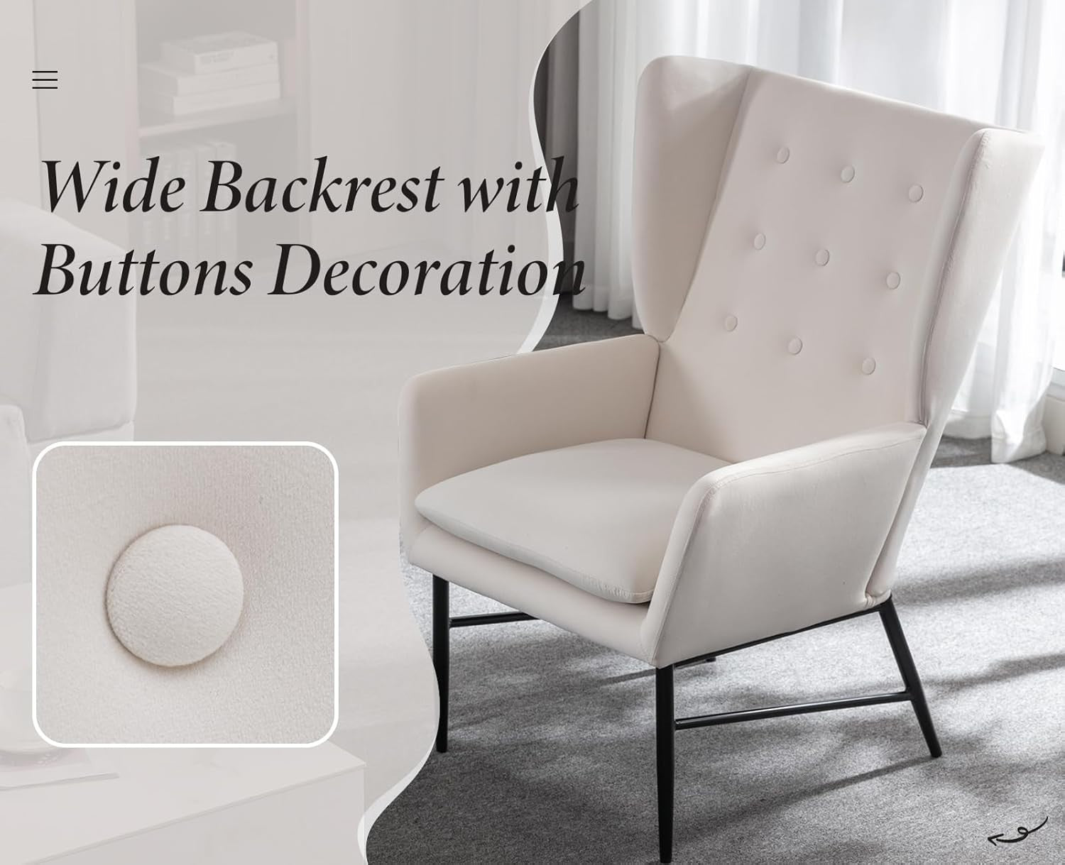 Beige Velvet Accent Armchair Tufted Back Lounge Chair Metal Legs Modern Seat