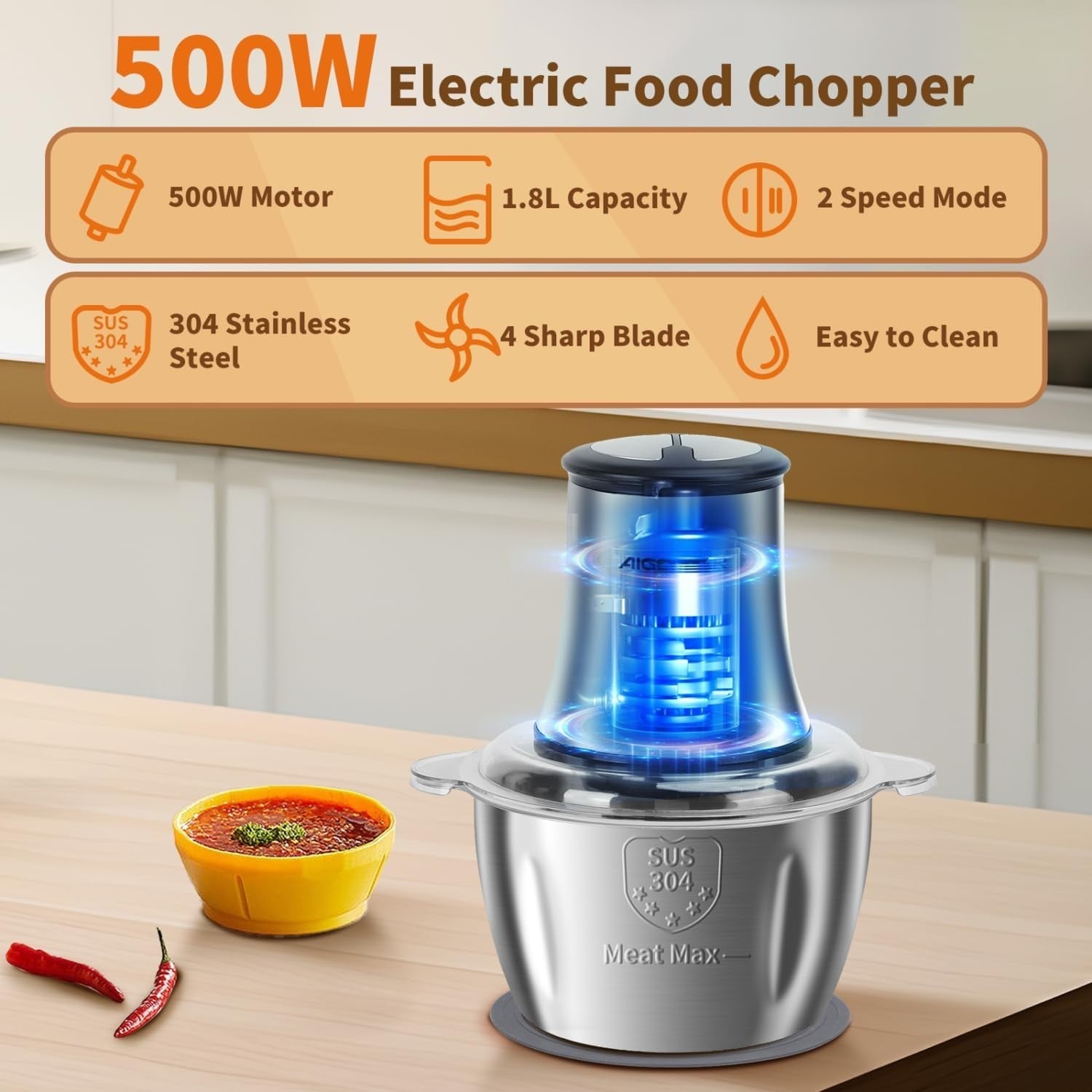 500W Mini Food Chopper 1.8L Stainless Steel Processor 2 Speed