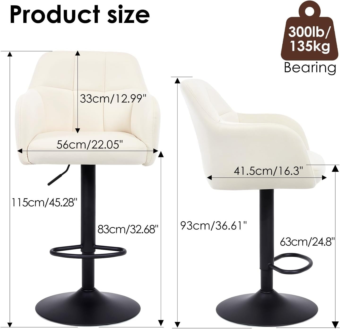 Set of 2 White PU Swivel Bar Stools Adjustable Height Modern Chairs