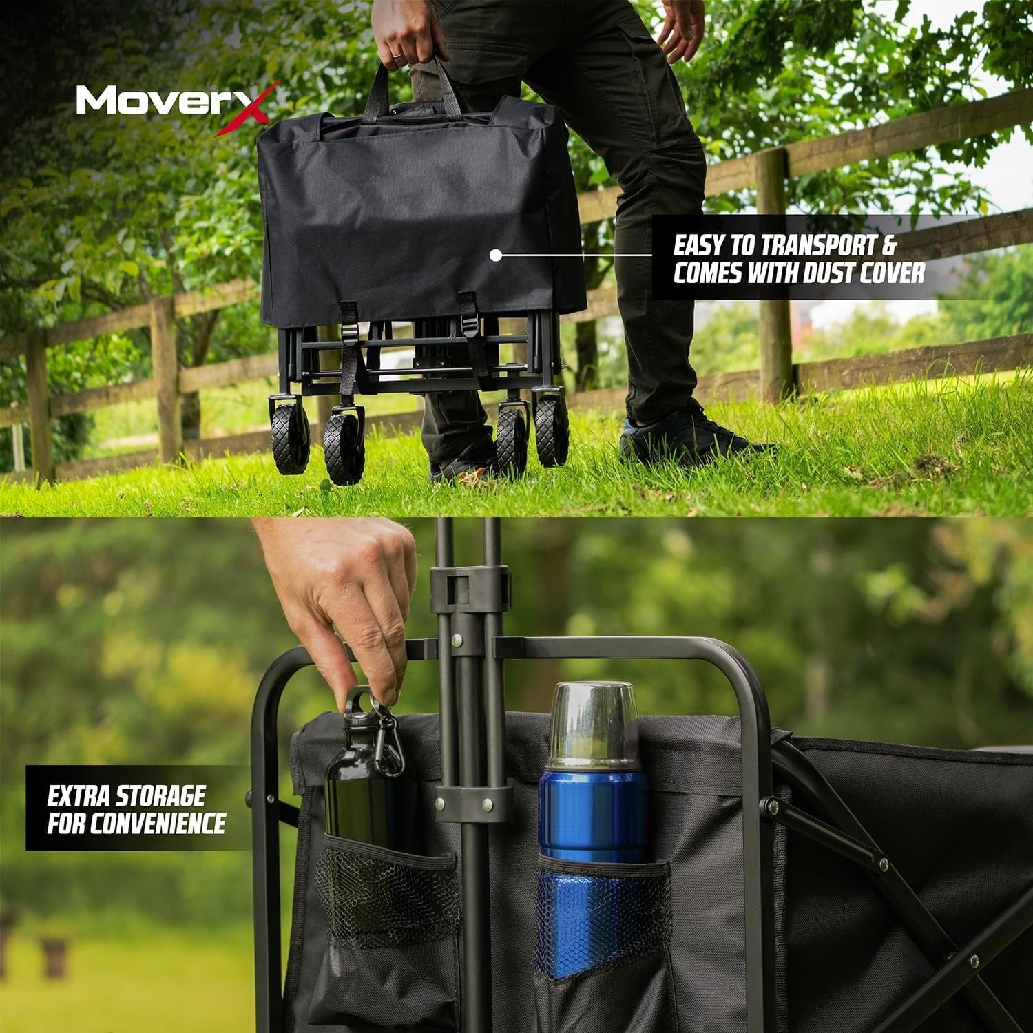 Black 70L Folding Camping Wagon Wide Wheel Lightweight Festival Trolley Cart