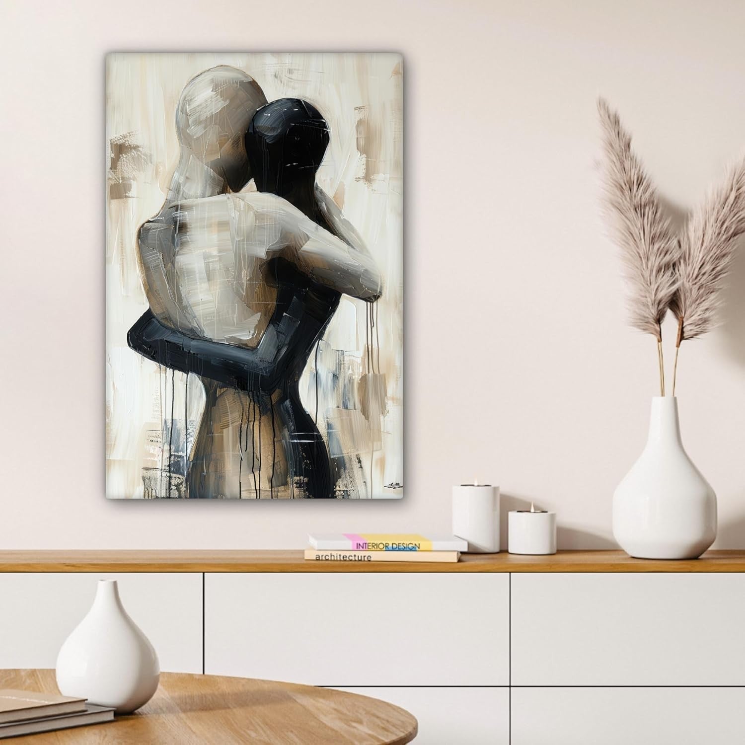Abstract Couple Canvas Wall Art 40x60cm Beige Modern Framed Print