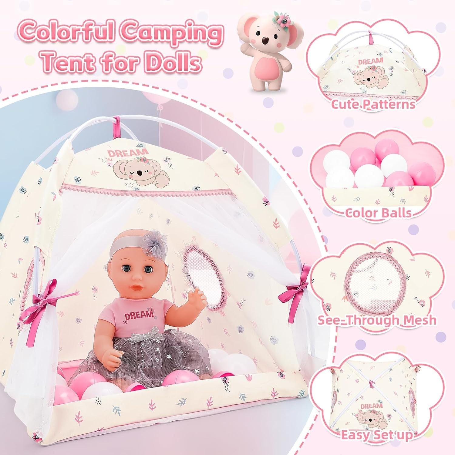 Baby Doll Stroller Playset with 14in Doll Cot Tent Accessories 25pcs