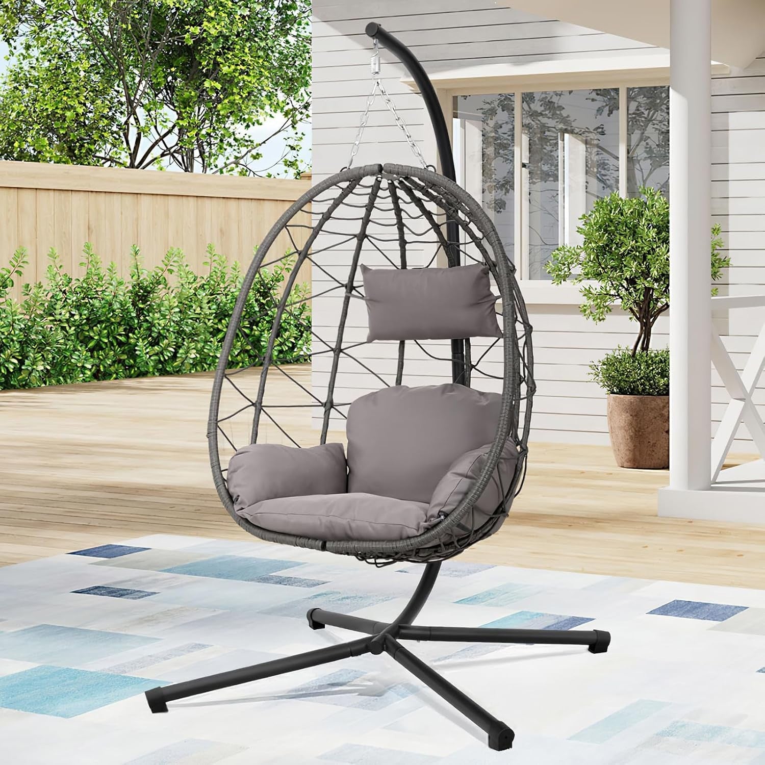 Hanging Egg Chair with Stand Cushioned Rattan Swing Seat for Garden Balcony