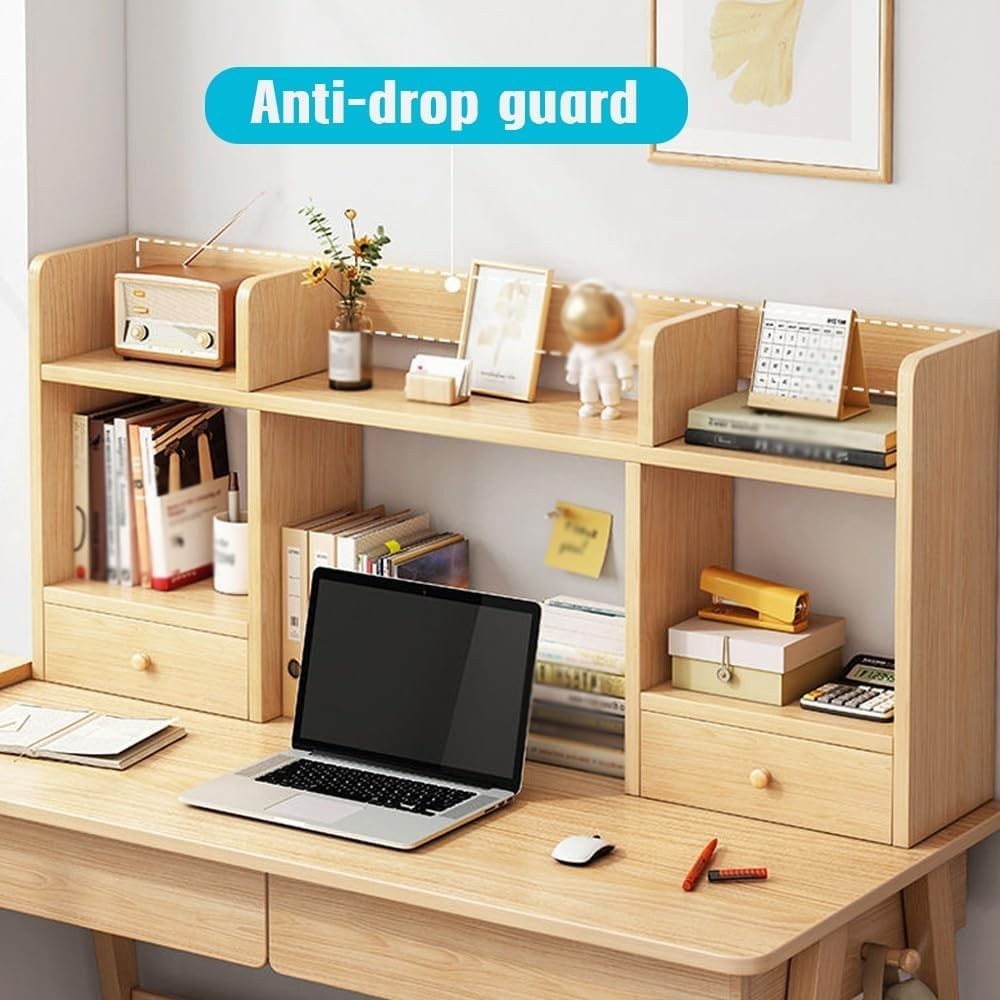 Wood Desk Hutch Bookshelf 3-Tier White Countertop Organizer w/ Doors 100×16×52cm