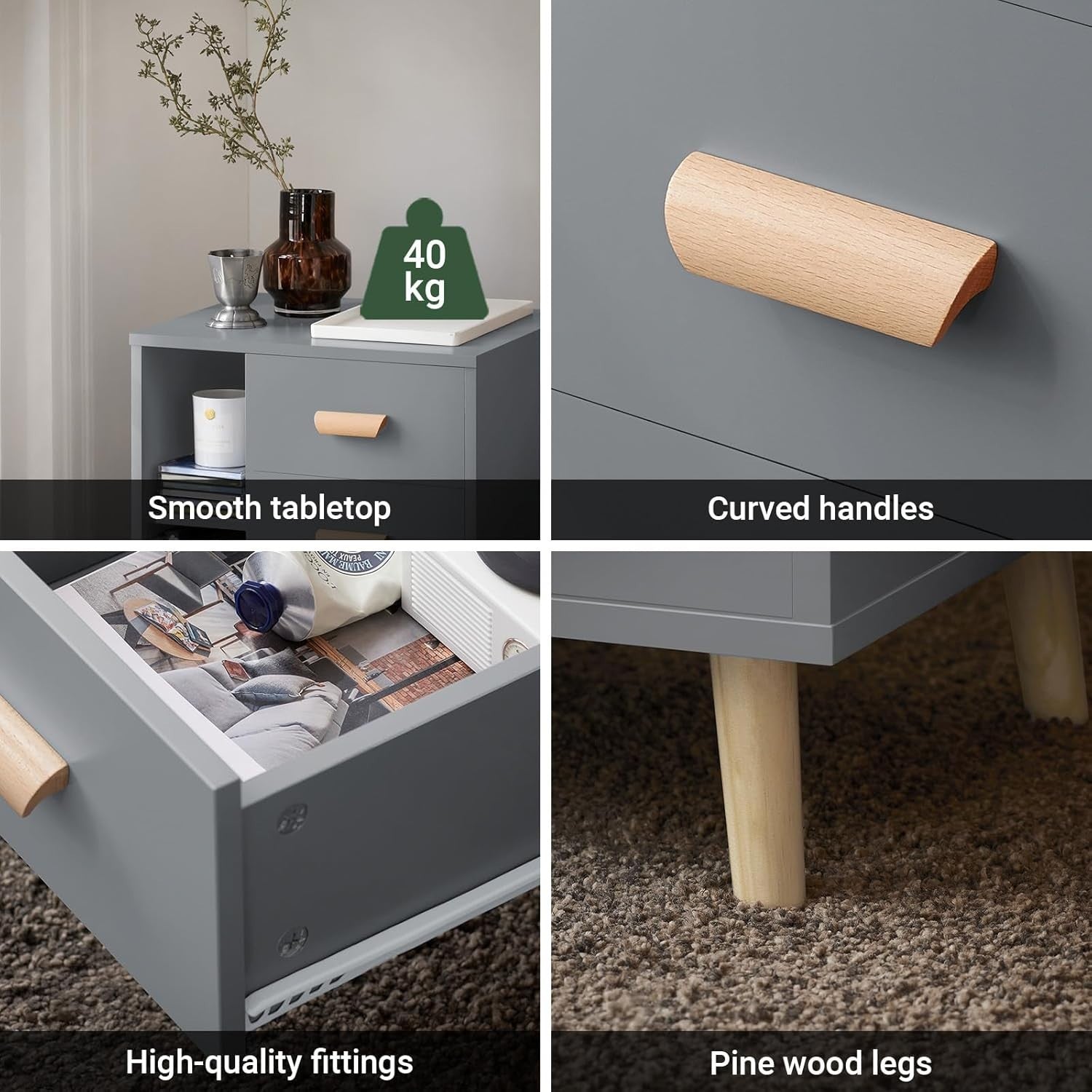 Modern Grey 3 Drawer Bedside Table with Shelves – Wooden Storage Cabinet