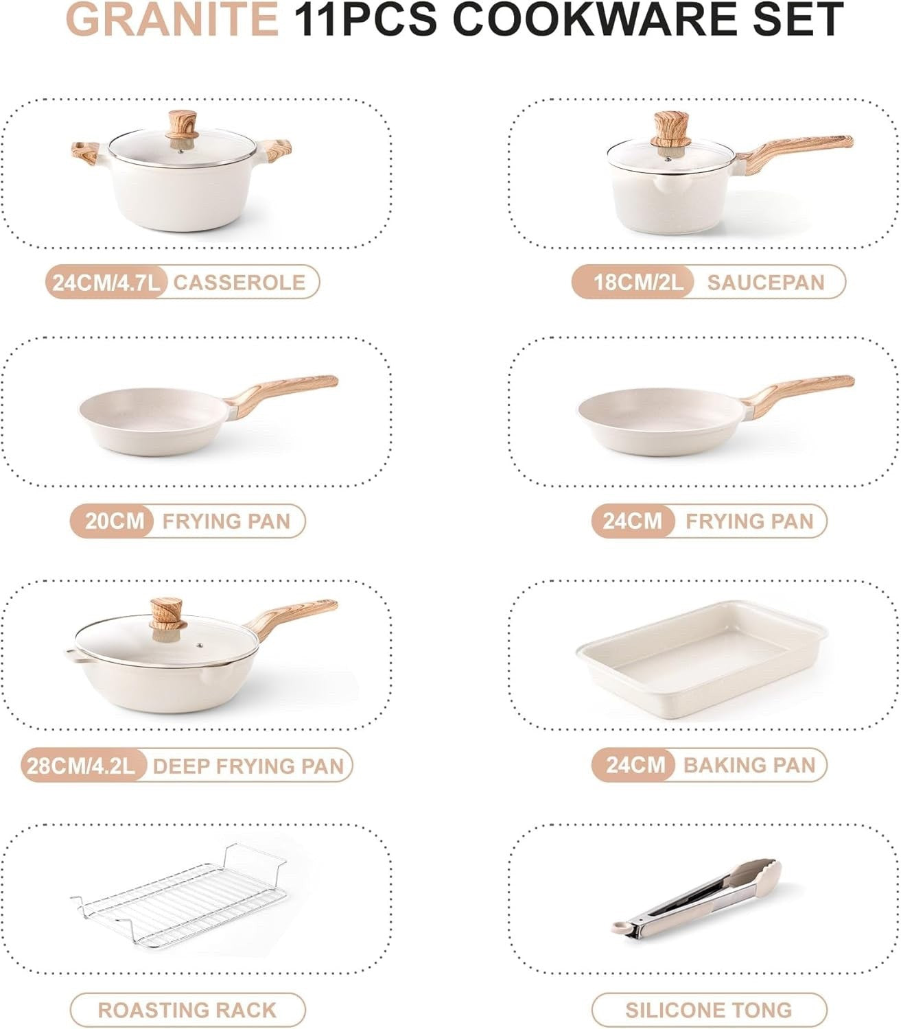 11Pcs Beige Non-Stick Cookware & Baking Set with Lids, Induction Compatible