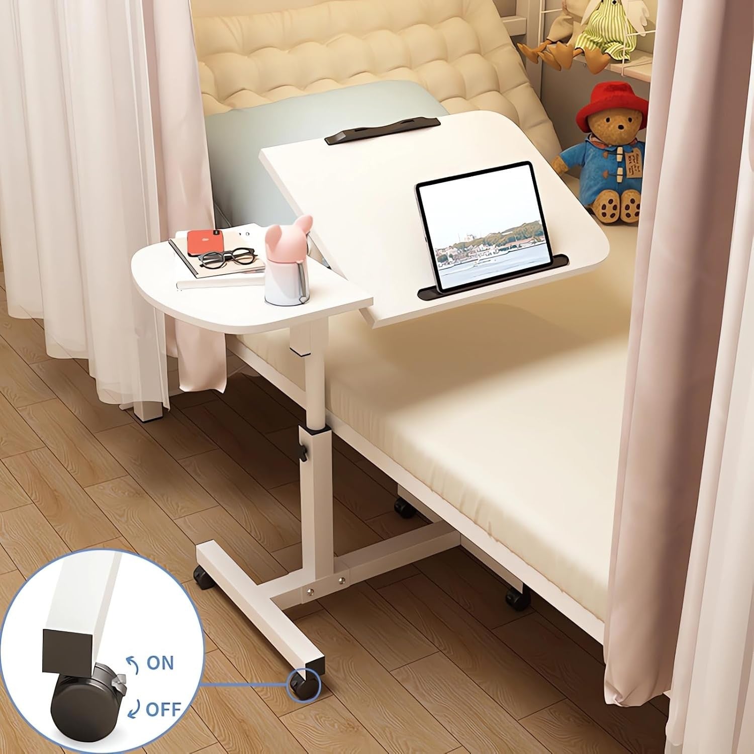 White Adjustable Side Table with Wheels C Shape Sofa Laptop Desk 360° Rotate