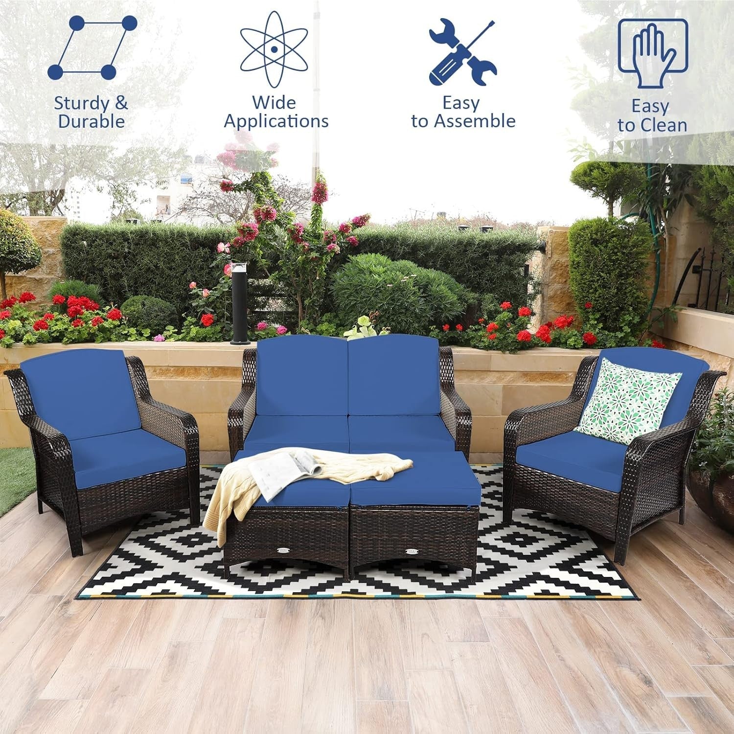 5pc Rattan Garden Sofa Set Navy Blue | Outdoor Patio Seats & Ottomans