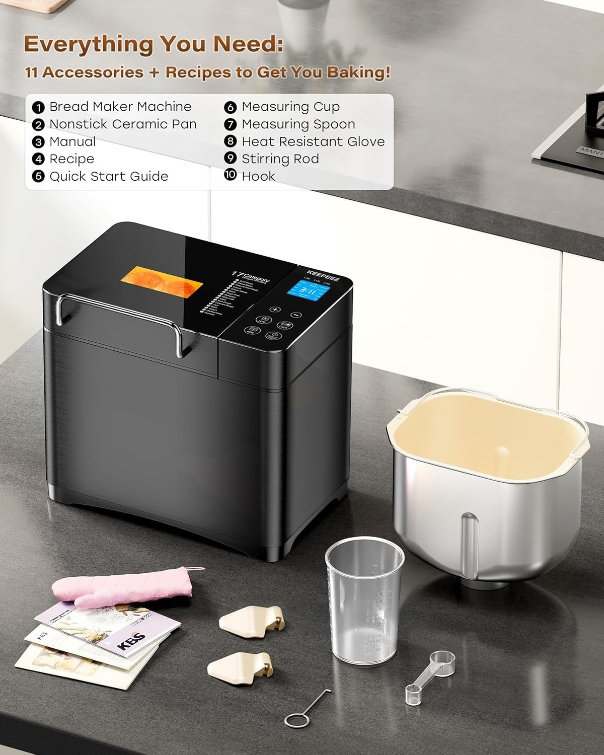 710W Convection Bread Maker 17-in-1 Ceramic Pan Auto Nut Dispenser Black