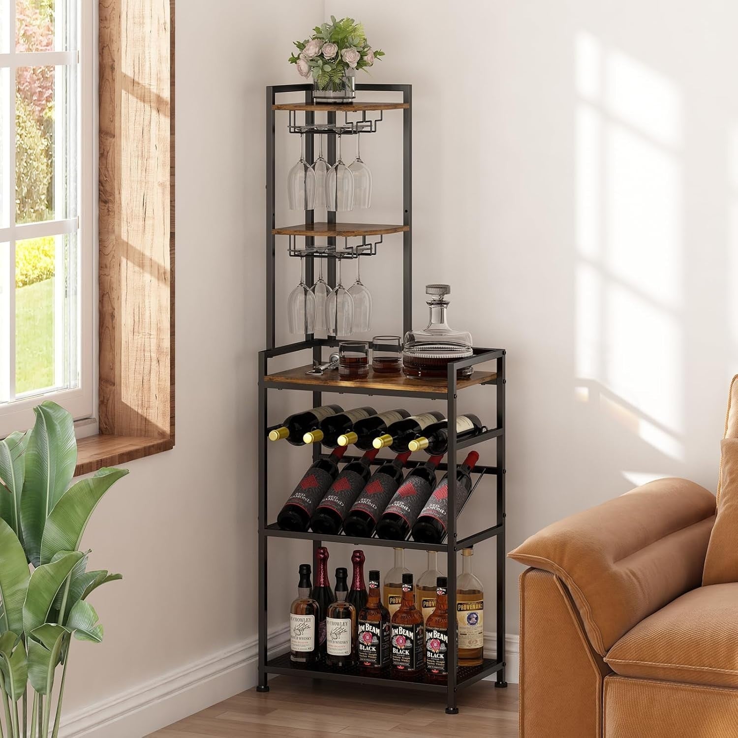 Corner Wine Rack Freestanding Bar Cabinet 6-Tier Bottle & Glass Holder
