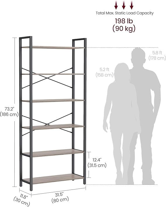 6 Tier Industrial Bookshelf Tall Storage Unit Metal Frame 30×80×186cm Shelving