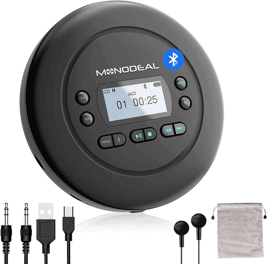 Portable Bluetooth CD Player Rechargeable Anti-Skip Dual Headphone SD