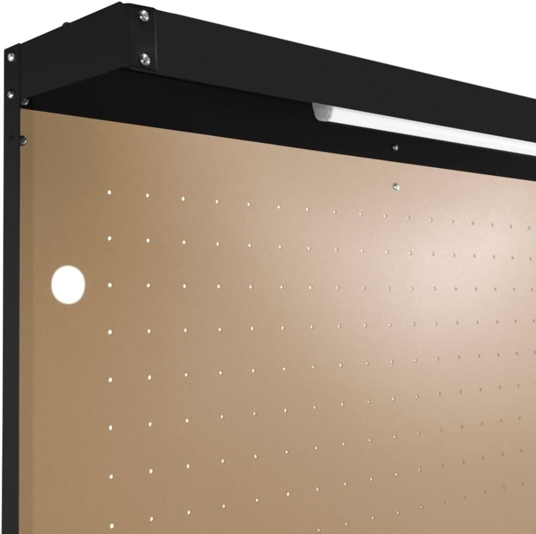 Black Garage Workbench Steel Pegboard Drawer LED Light 370kg Tool Station