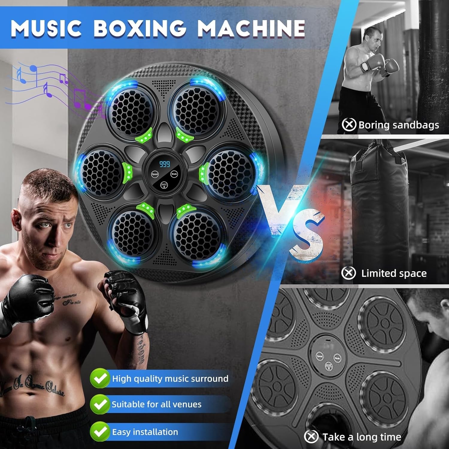 Music Boxing Machine Bluetooth LED Wall Mount Punch Trainer Home Gym Workout