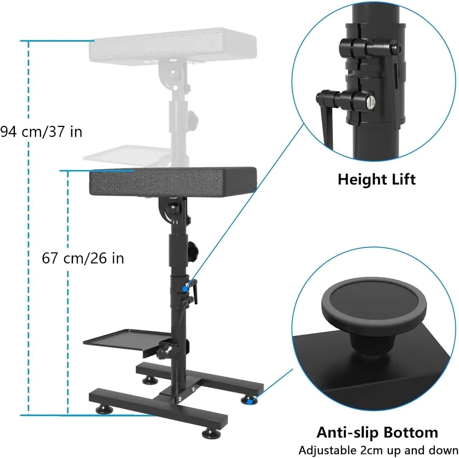 Tattoo Armrest Stand Adjustable Height Tilt Padded Support with Storage Board