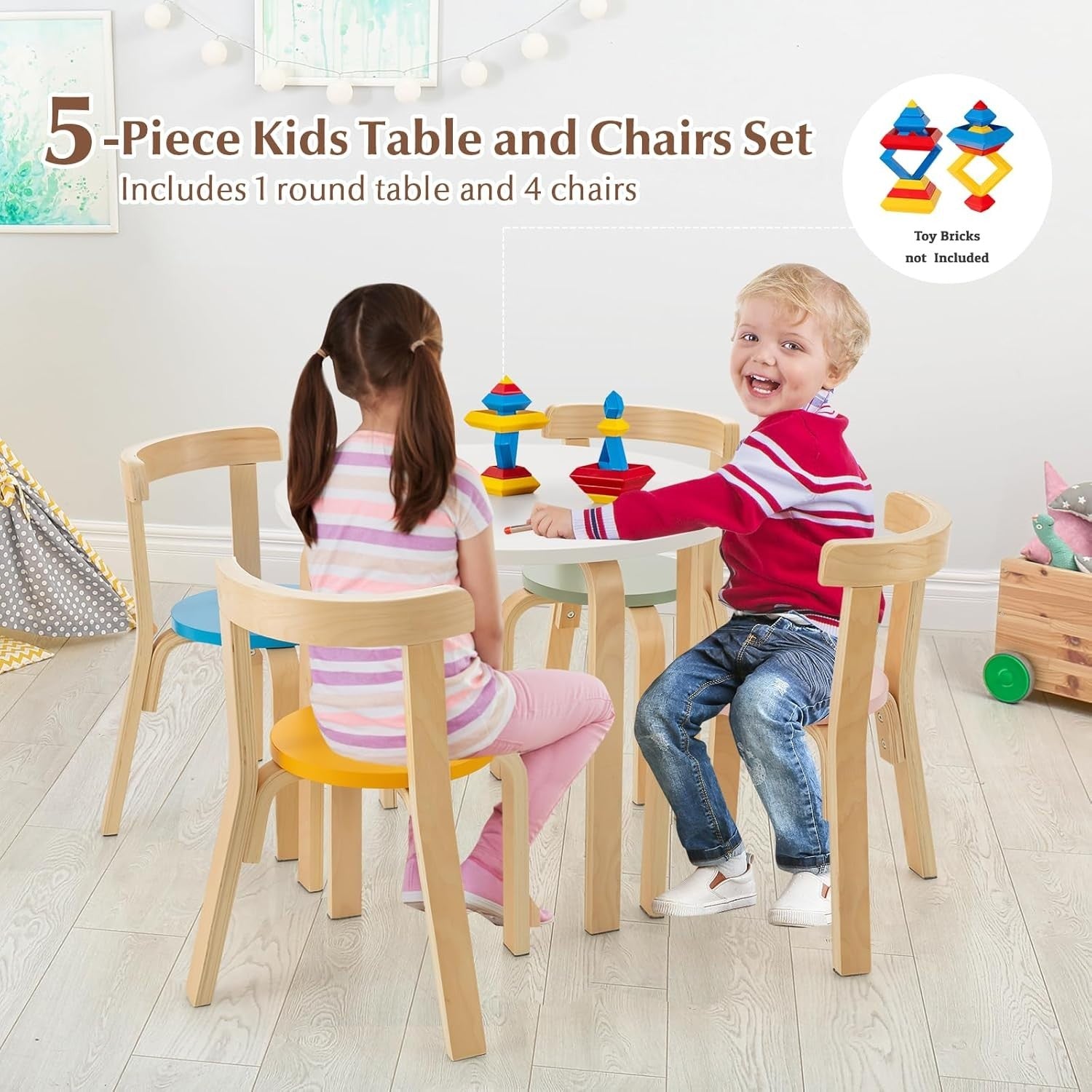 Kids Table and Chairs Set Solid Wood 5pc Multicolor Round Playroom Furniture