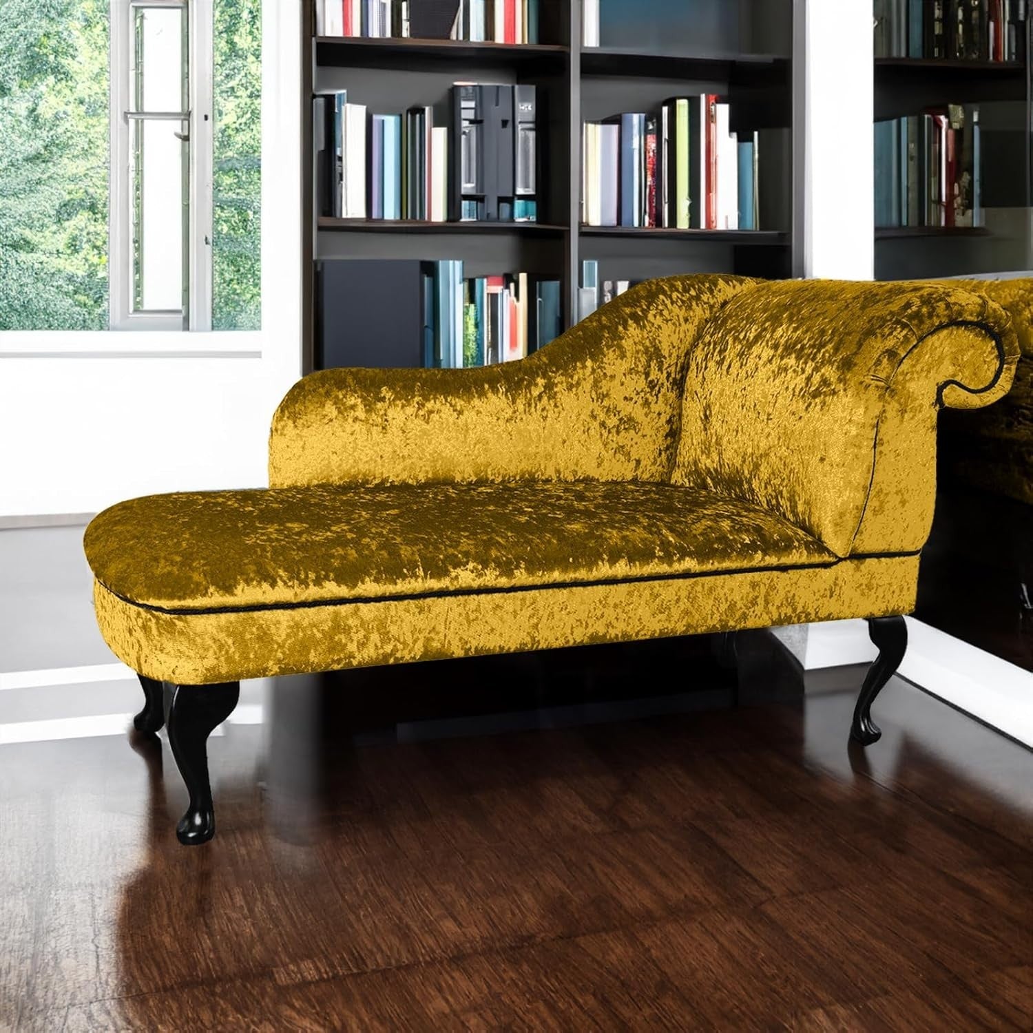 Luxury Left Hand Velvet Chaise Lounge Chair Gold with Queen Anne Legs