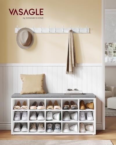 White Shoe Storage Bench with Cushion & 15 Compartments – Modern Hallway Unit