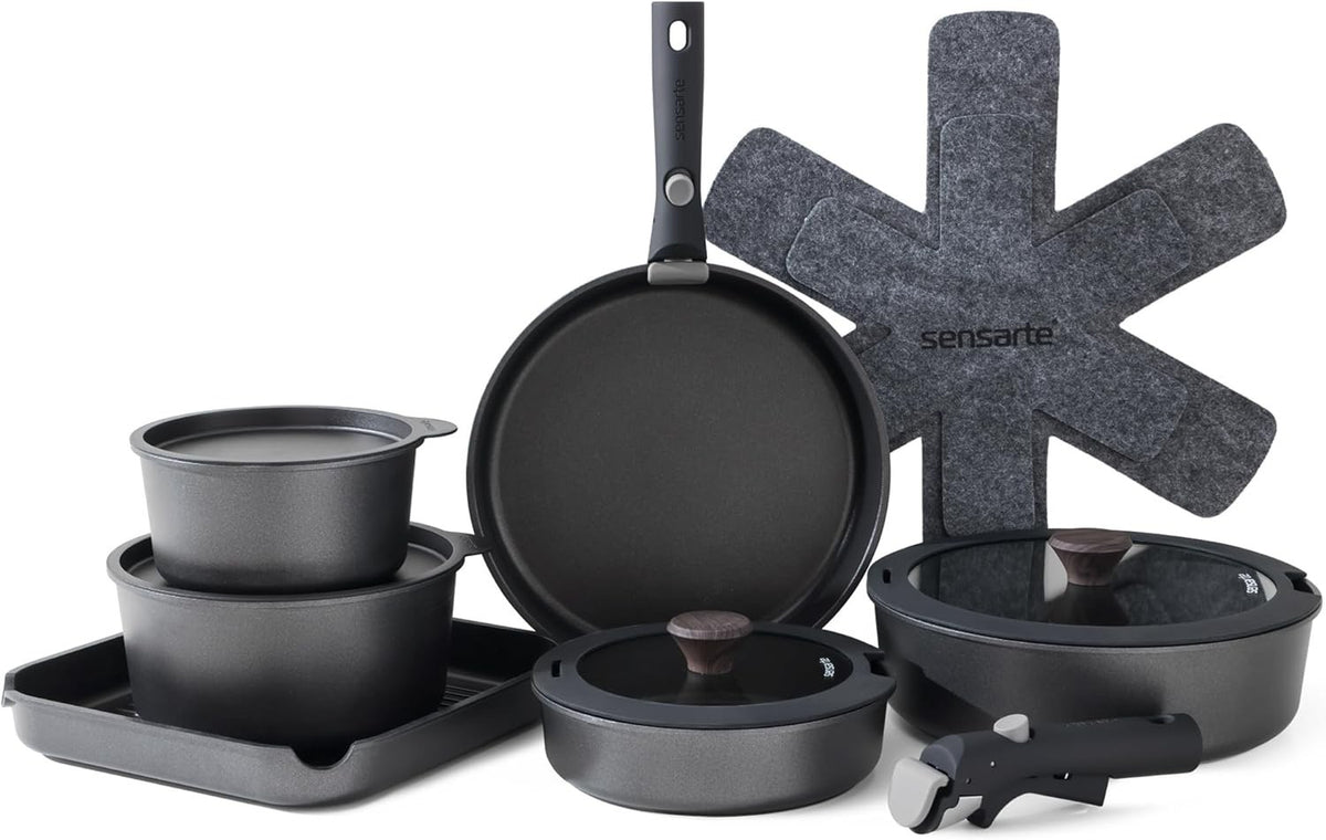 17pcs Black Non Stick Cookware Set Detachable Handle Induction Oven Safe