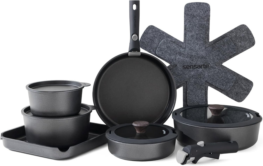 17pcs Black Non Stick Cookware Set Detachable Handle Induction Oven Safe