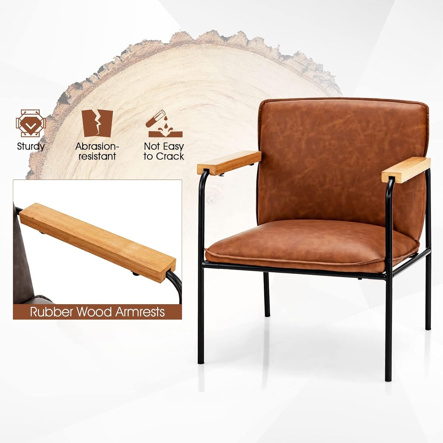 Camel PU Leather Accent Chair Lounge Armchair Wood Arms