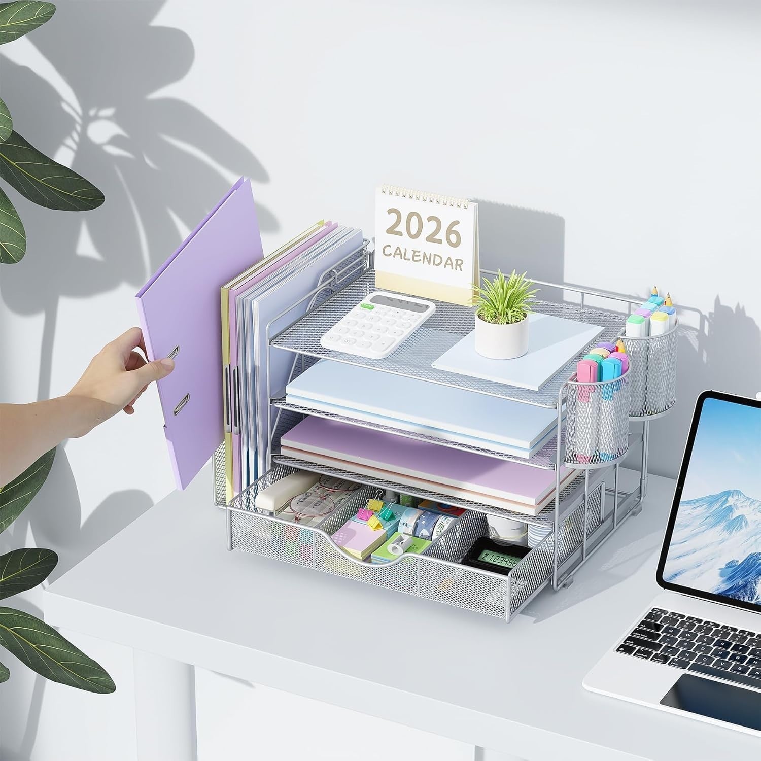 4-Tier Desk Organizer Metal File Holder Drawer Pen Storage Grey