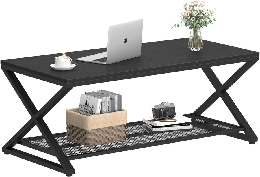 Modern Black Coffee Table with Shelf, 2-Tier Metal Frame, 100x60cm