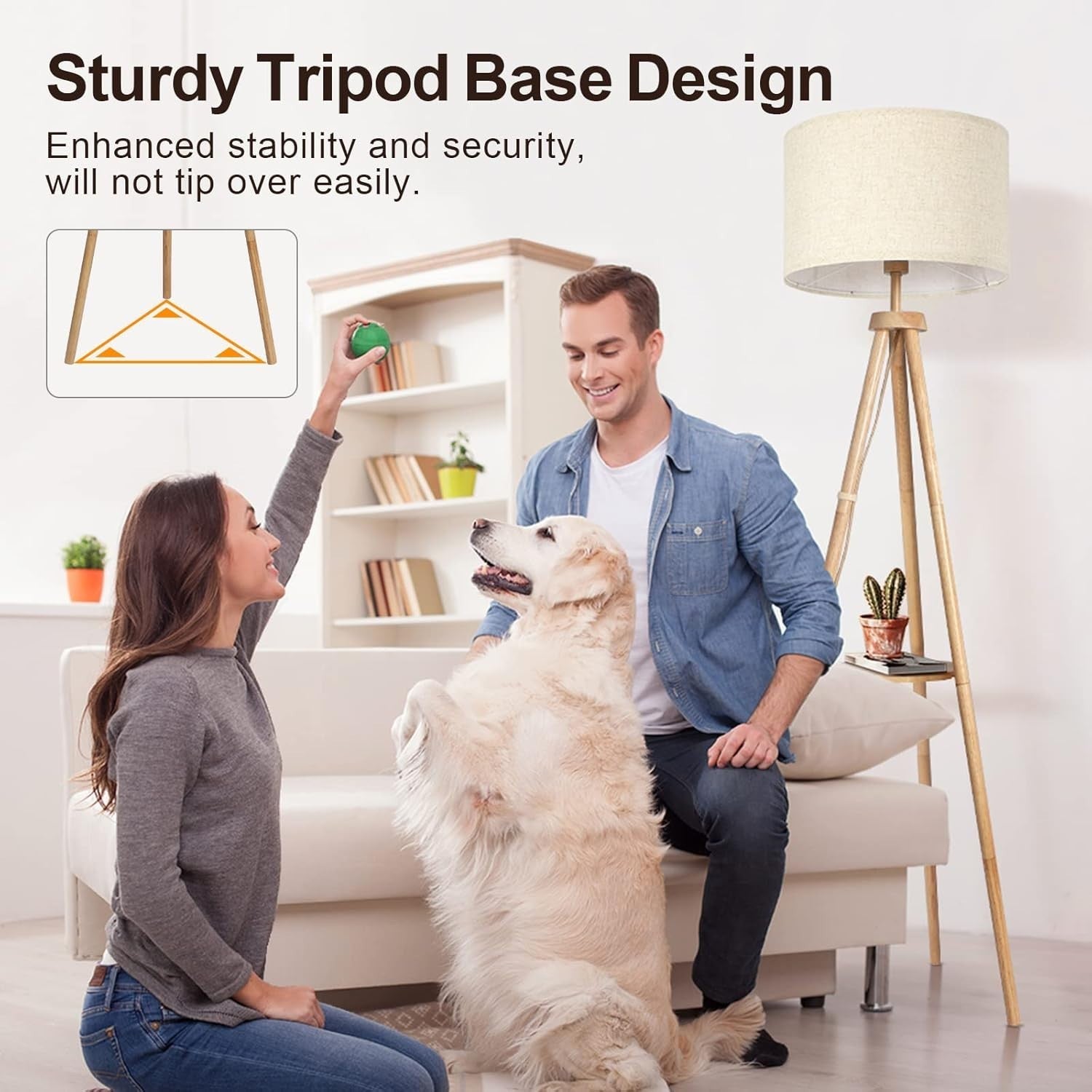 Dimmable Wooden Tripod Lamp with Remote & Built-in Storage Shelf