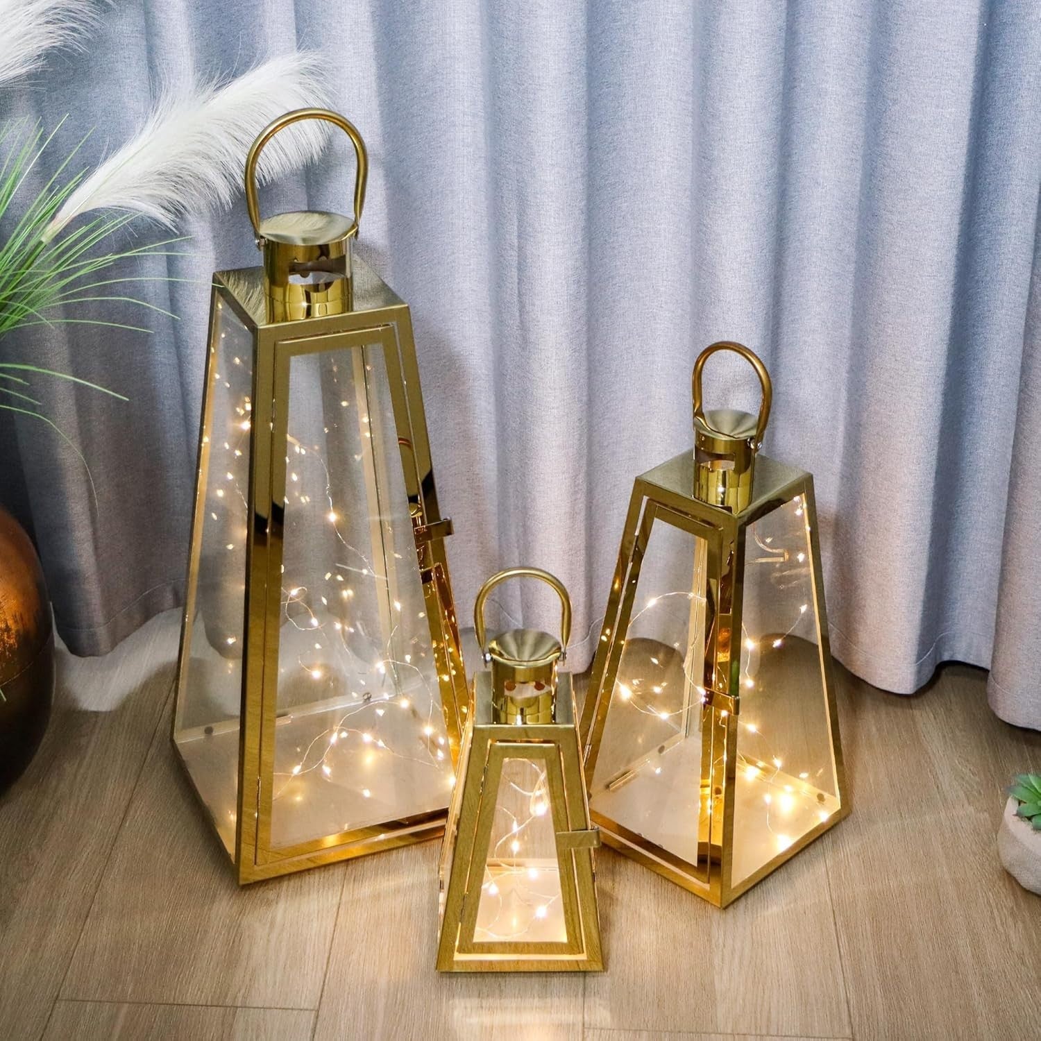 Set of 3 Gold Stainless Steel Lanterns Hanging Candle Holders