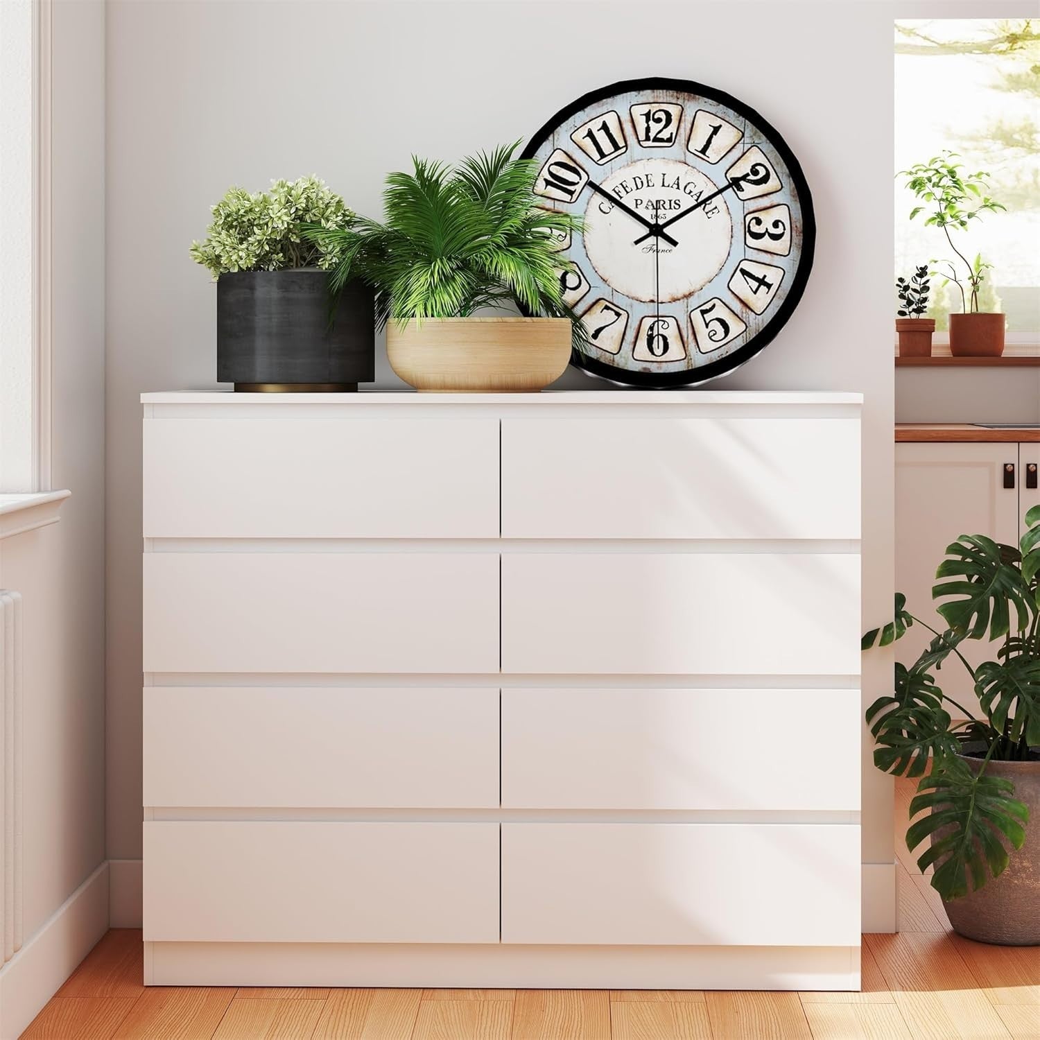 Modern White 8 Drawer Chest Wide Storage Unit No Handles 115x95x39cm
