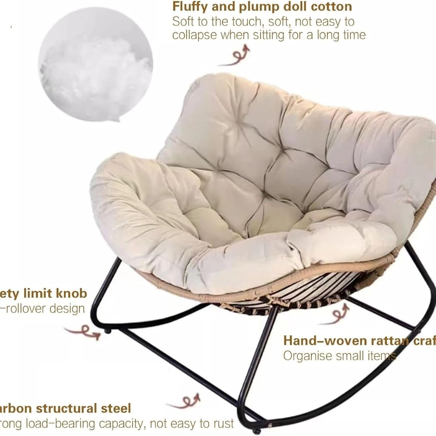 Patio Papasan Rocking Chair Cushioned Oversize Egg Seat Indoor Outdoor