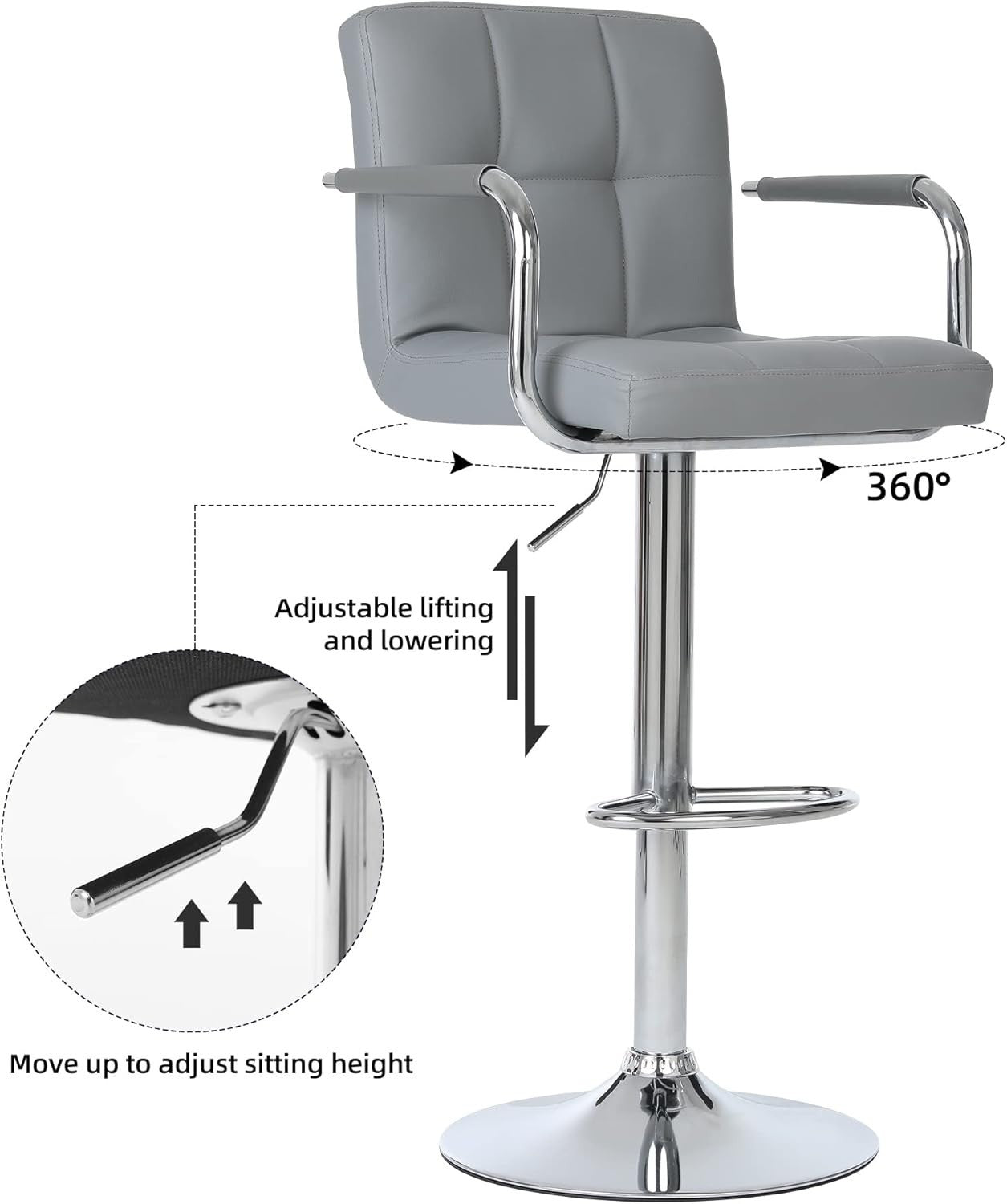 2PCS Silver Grey Adjustable Cuban Bar Stools PU Leather Arms