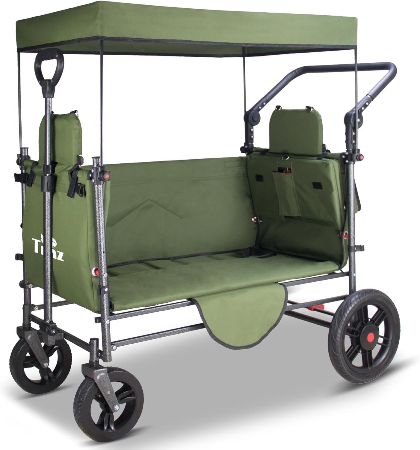 Side-Opening Folding Wagon 120kg Load w/ 2 Seats Canopy Big Wheels Brake Green