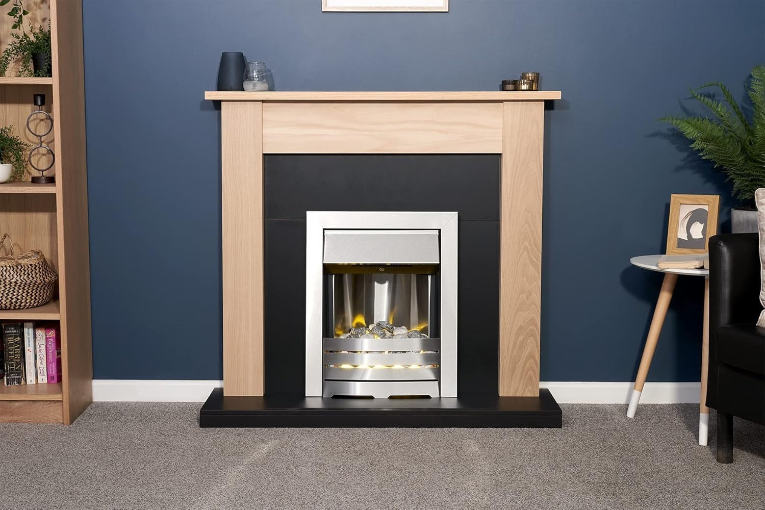 Electric Fireplace Suite Oak & Black 43" Brushed Steel 2kW Wall Fire