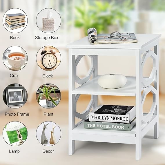 White 3-Tier Bedside Tables Set, Modern Side Table with Storage Shelves, Wooden
