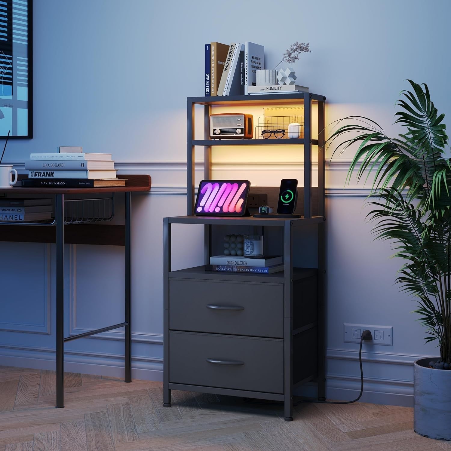 Black Bedside Table with Charging Station & LED Light, Modern Nightstand