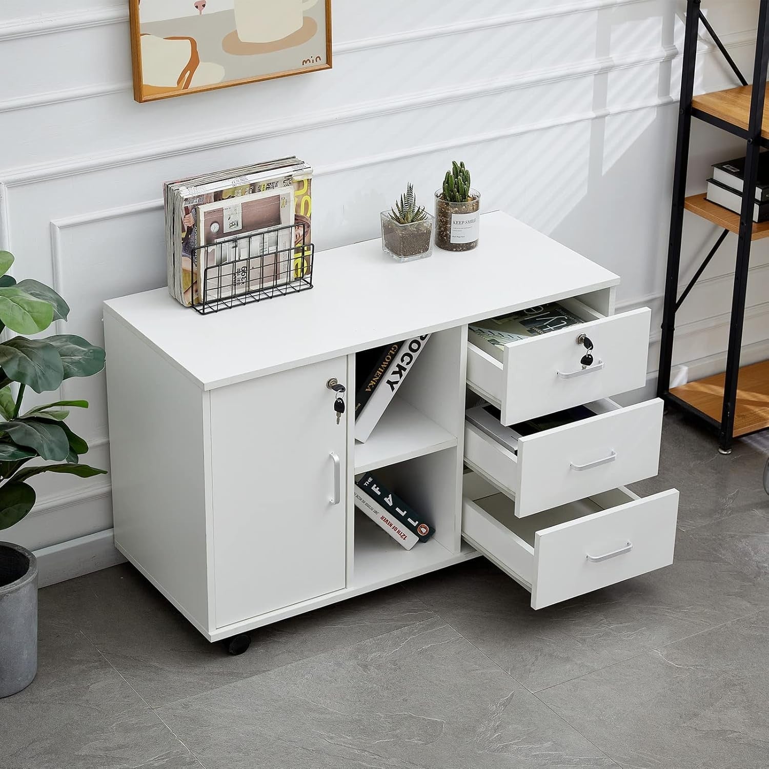 Large Locking Rolling File Cabinet 3 Drawer Printer Stand Storage Unit