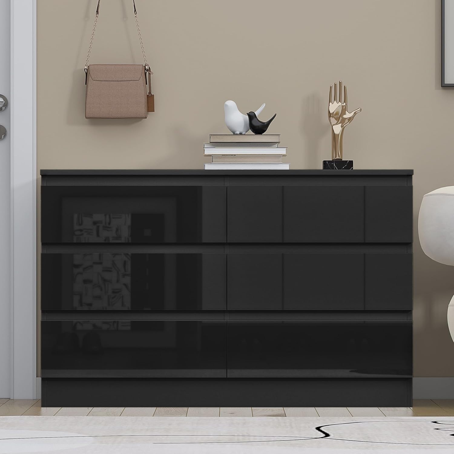 Black Gloss 6 Drawer Chest Bedroom Storage Dresser Clothes Unit Modern