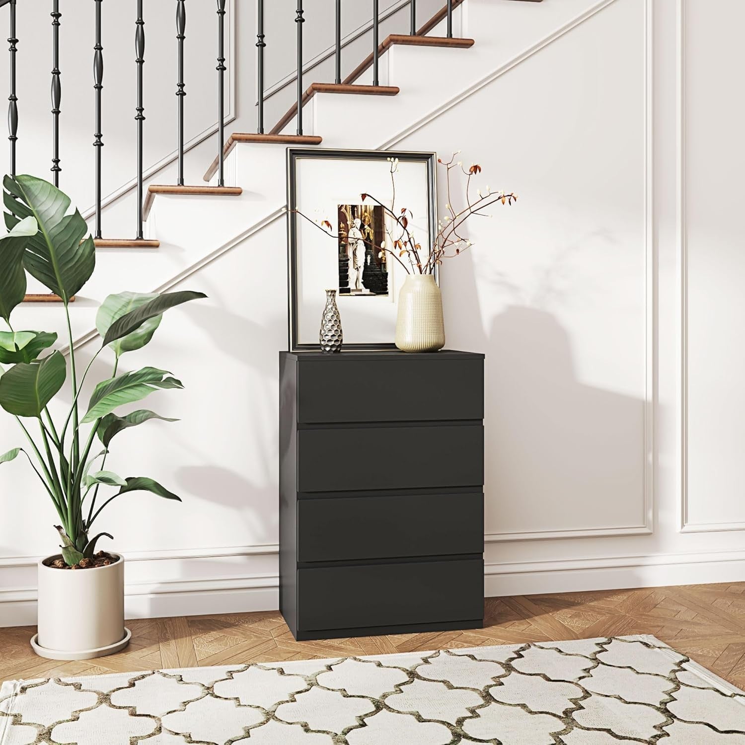 Black 4 Drawer Chest Bedroom Storage Cabinet Modern Tall Unit 80cm