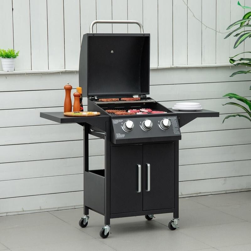3 Burner Gas BBQ Grill w/ Storage Cabinet, Shelves, Smoker Lid, Wheels