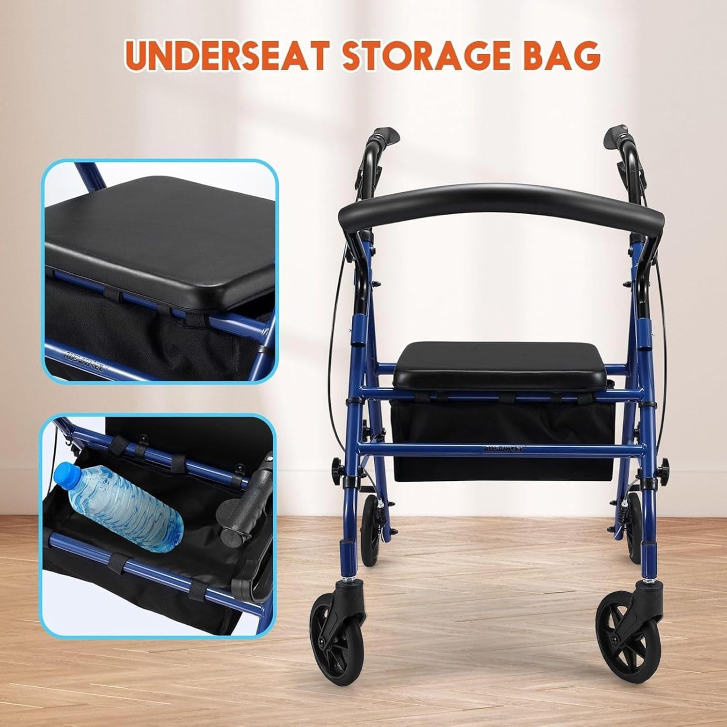 Lightweight Folding Rollator Walker with Seat 4 Wheels Adjustable Brakes