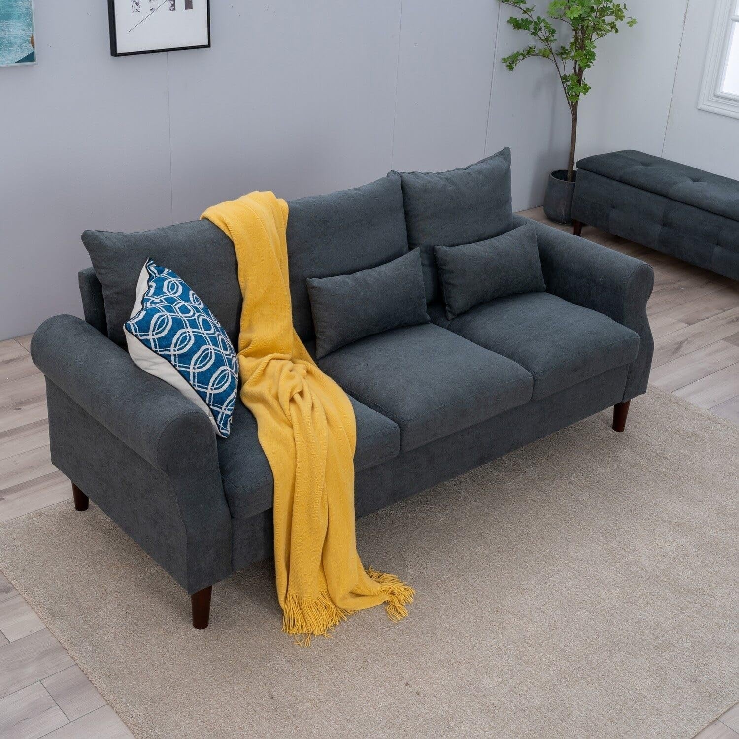 3 Seater Grey Linen Sofa Couch | Modern Fabric Settee Wood Legs