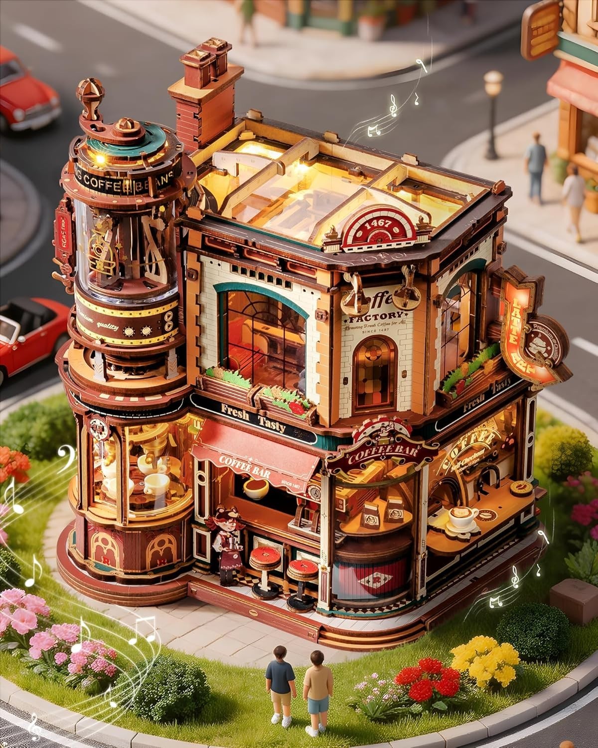 3D Wooden Coffee Factory Puzzle Kit Moving Model Lights Music Decor