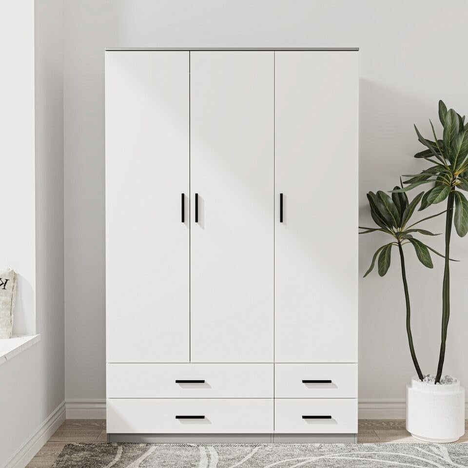 3 Door Wardrobe Grey White 4 Drawer Bedroom Storage Cupboard Hanging Rail
