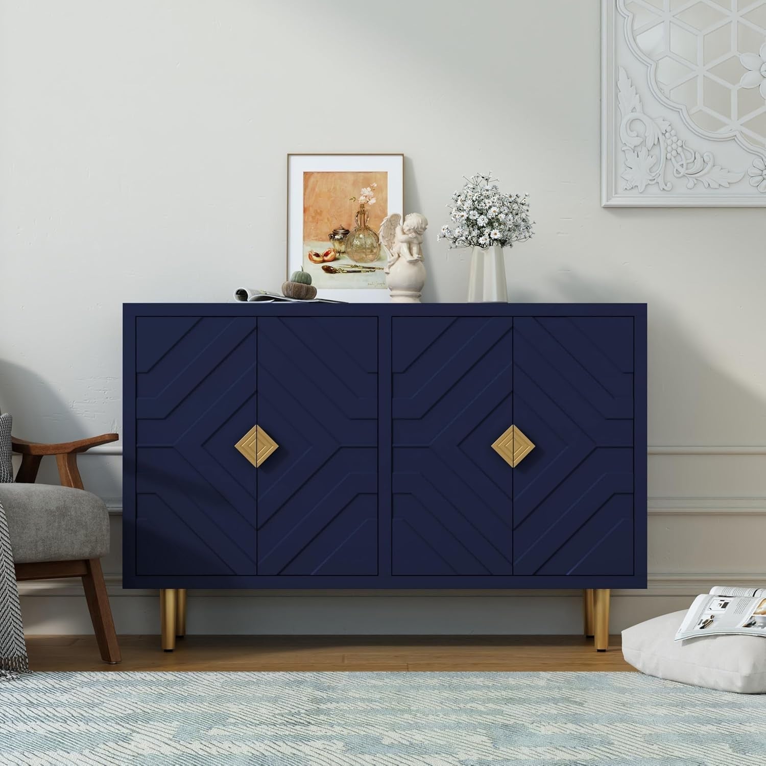 Blue Modern Sideboard Cabinet 4 Door Waterproof Storage Buffet Table