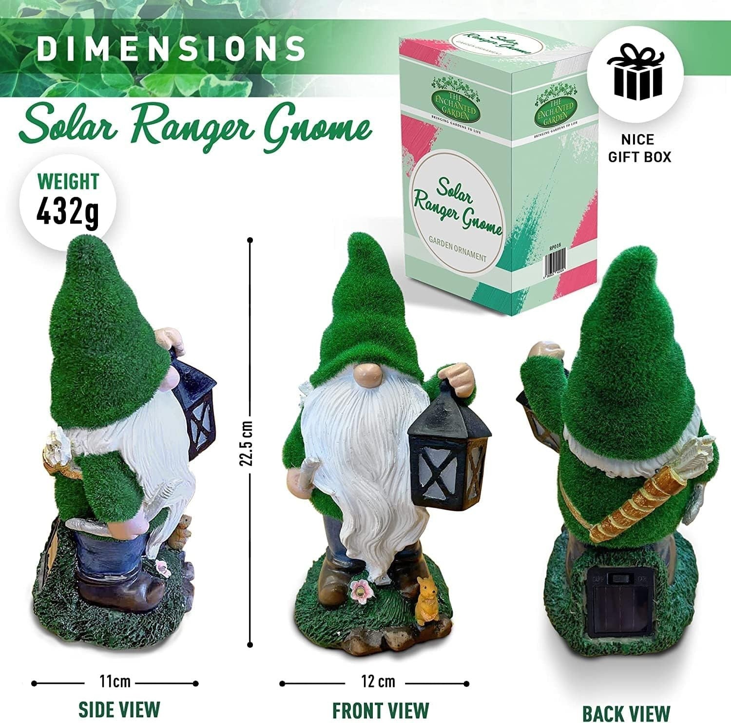 Solar Gnome Ranger Garden Statue Outdoor LED Resin Figurine Patio Lawn Decor