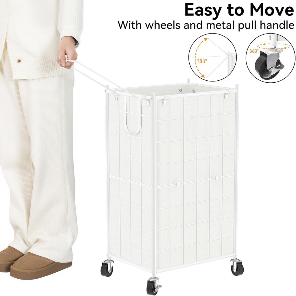 100L White Rolling Laundry Hamper Metal Frame with Wheels & Removable Bag