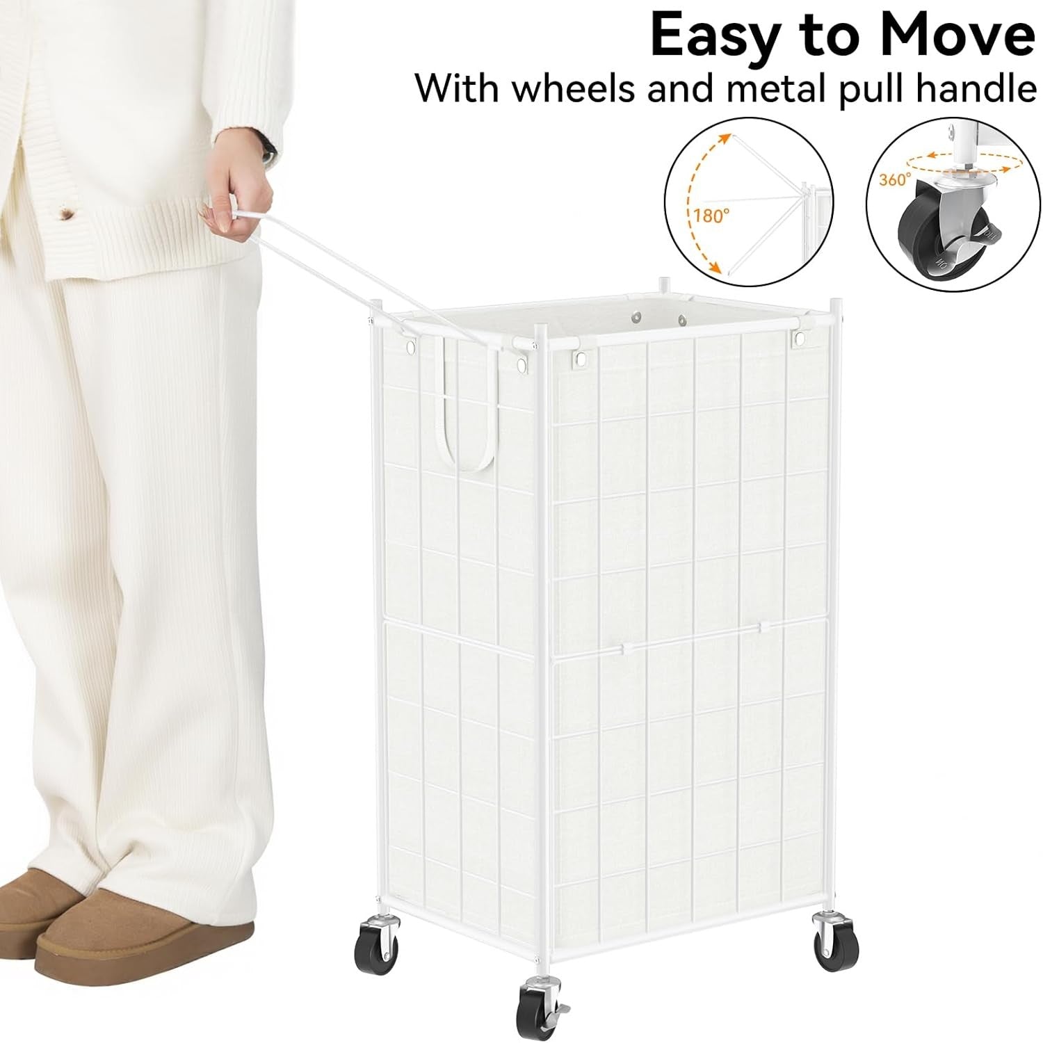 100L White Rolling Laundry Hamper Metal Frame with Wheels & Removable Bag