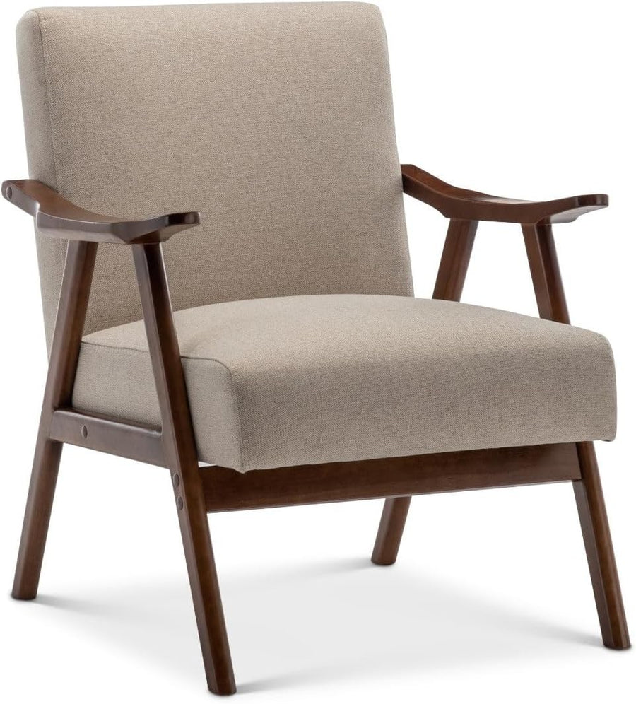 Beige Linen Accent Armchair Mid Century Wooden Lounge Chair