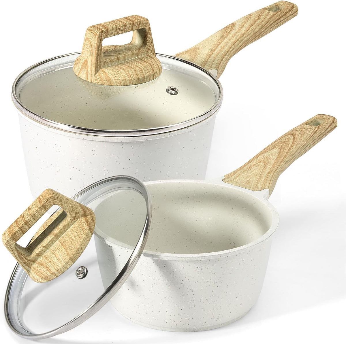 2Pcs White Non Stick Saucepan Set with Lids 1.5L 2.5L White Granite Cooking Pots